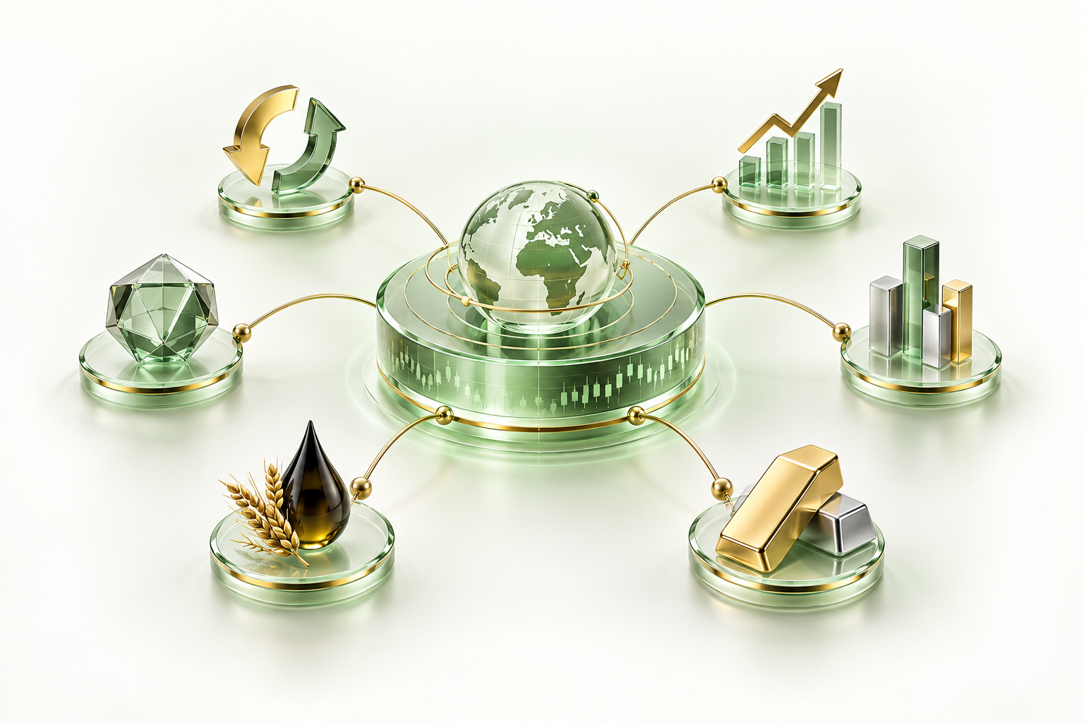 Glass global trading hub connected to multiple financial market categories